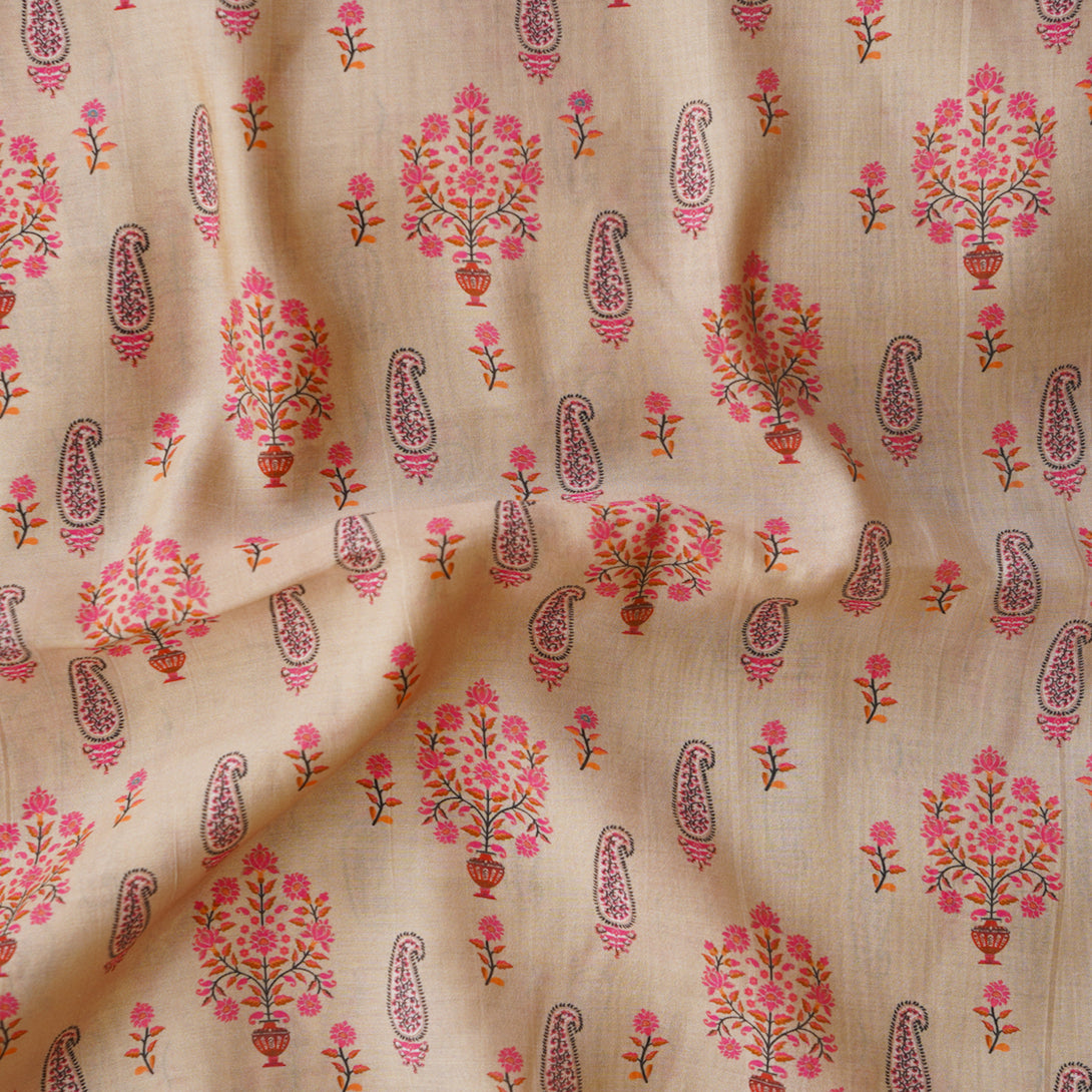 Mogra Chanderi Chiku With Pink Flower Plant Motif Printed Fabric ...