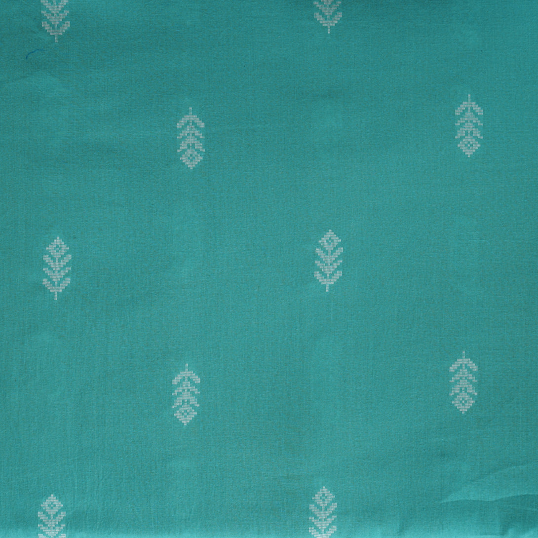 Pure Cotton Handloom Cyan With White Flower Motif Hand Woven Fabric ...