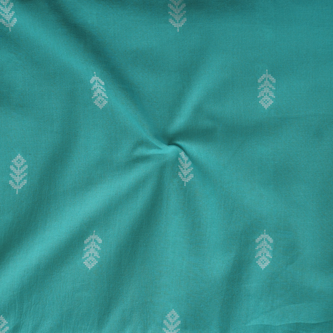 Pure Cotton Handloom Cyan With White Flower Motif Hand Woven Fabric ...
