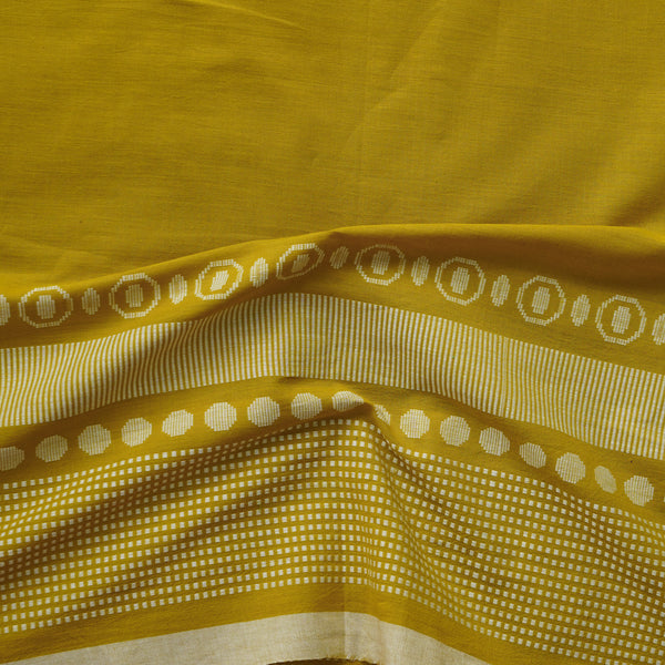(PRE-CUT 1.45 METER)Pure Cotton Handloom mustard  With Off White Intericate Big Border Design Woven Fabric