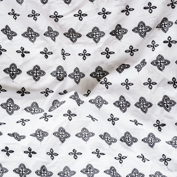 (Width 57 Inches) Pure Cotton Hakoba White With Black Flowers  Motif Fabric