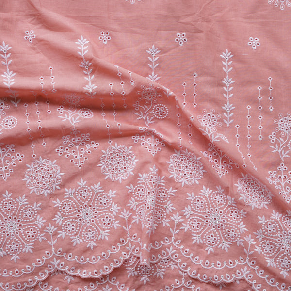 (Width 45 Inches) Pure Cotton Peach With Floral Hakoba Embroidery Fabric