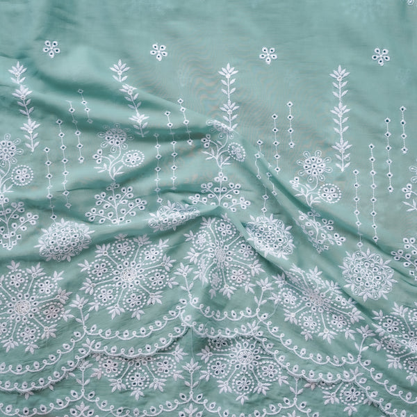 (Width 41 Inches) Pure Cotton lagoon green With White Floral Hakoba Embroidery Fabric