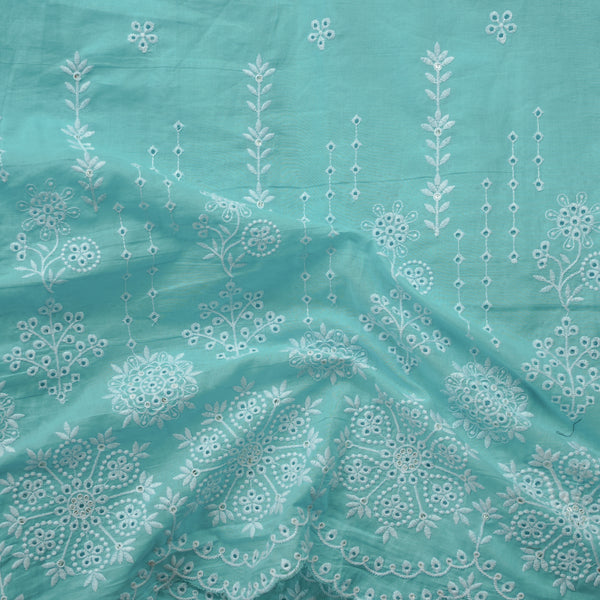 (Width 40 Inches) Pure Cotton Sky blue With White Floral Hakoba Embroidery Fabric