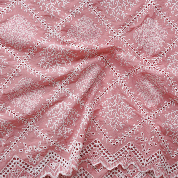 (Width 49 Inches) Pure Cotton Peach With White Floral Hakoba Embroidery Fabric