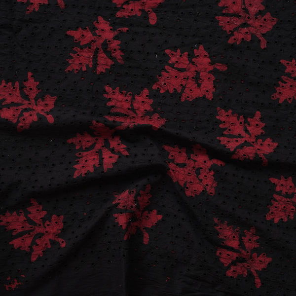 (Width 45 Inches) Pure Cotton Hakoba  BlackWith Red leaf Motif Fabric