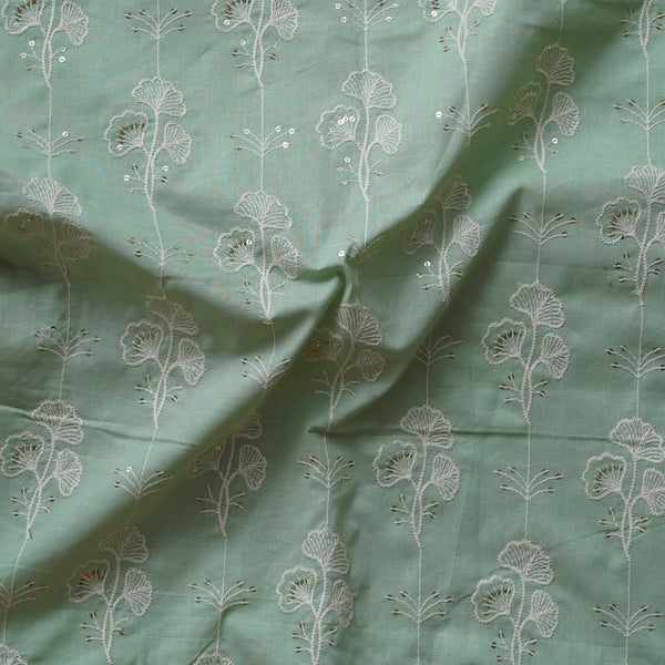 ( Width 41 Inches )Pure Cotton Mint Green With White Flower Creeper Embroidered And Sequence Work Fabric
