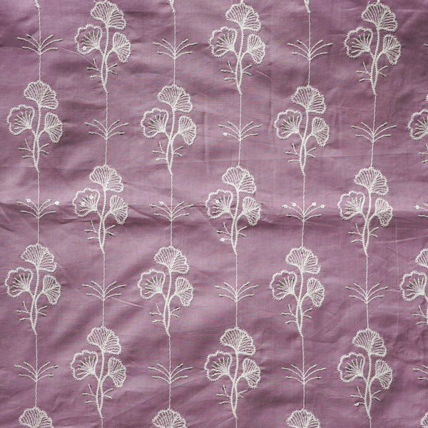 ( Width 41 Inches )Pure Cotton mauve With White Flower Creeper Embroidered And Sequence Work Fabric