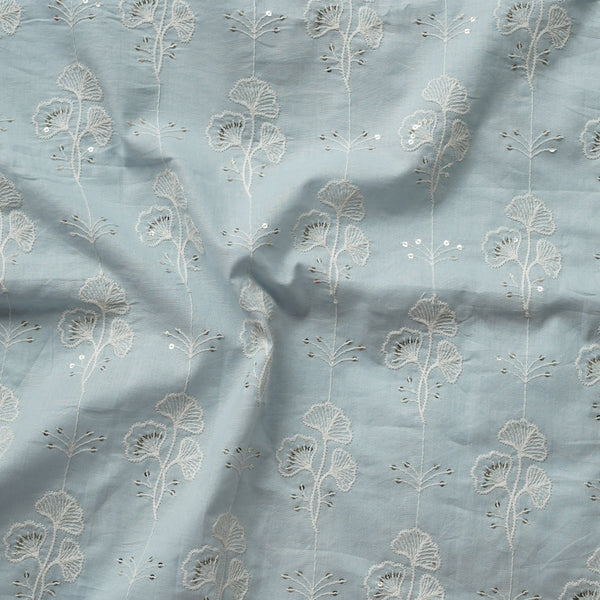 ( Width 41 Inches )Pure Cotton powder blue With White Flower Creeper  Embroidered And Sequence Work  Fabric