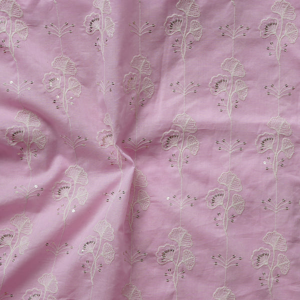 ( Width 41 Inches )Pure Cotton pastel pink With White Flower Creeper Embroidered And Sequence Work Fabric