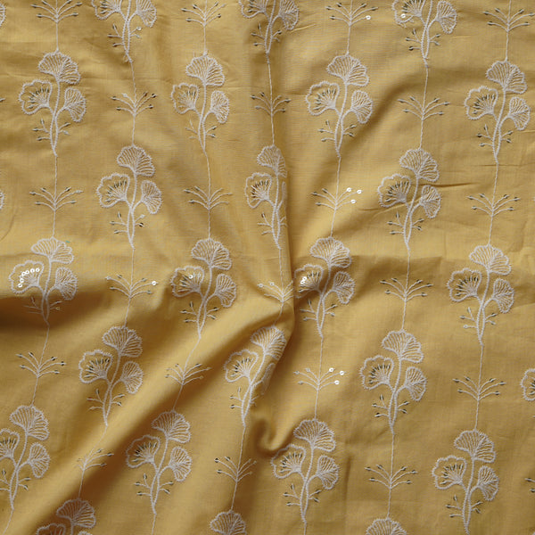 ( Width 41 Inches )Pure Cotton powder blue With White Flower Creeper Embroidered And Sequence Work Fabric