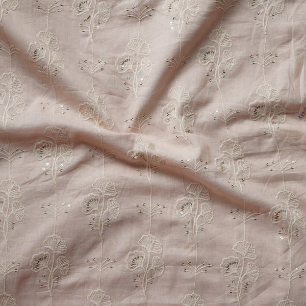 ( Width 41 Inches )Pure Cotton light peach  With White Flower Creeper Embroidered And Sequence Work Fabric