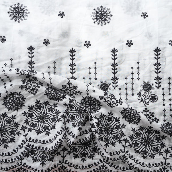 (Width 40 Inches) Pure Cotton White With Black Floral Hakoba Embroidery Fabric