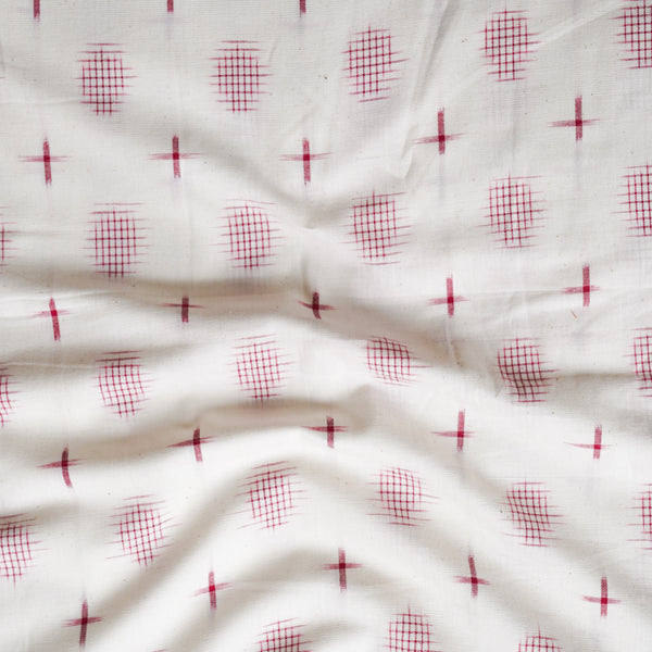 ( Pre-Cut 1.75 Meter ) Pure Cotton Double Ikkat Off White And Magenta Motif  Woven Fabric