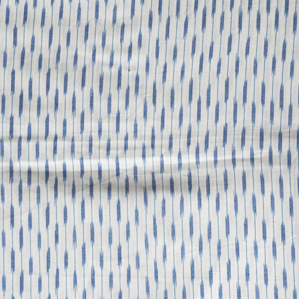 ( Pre-Cut 1.80 Meter)Pure Cotton Ikkat Off White With Blue Design Stripes Woven Fabric