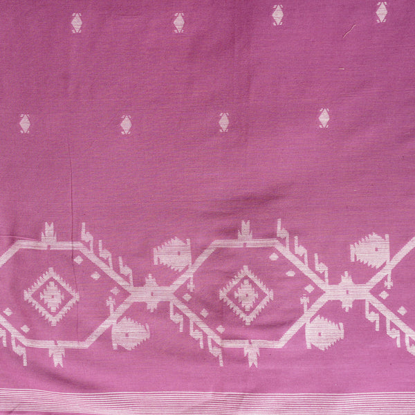 (PRE-CUT 1 METER) Pure Cotton Handloom Jamdani Purple with Off White And Red Butti And Border Design woven Fabric