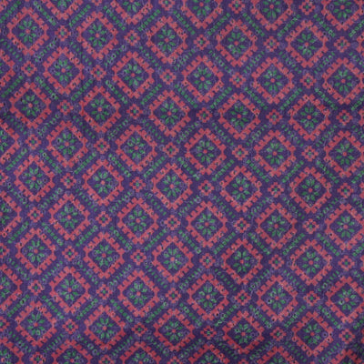 ( Width 44 Inches ) Pure  Cotton Hakoba Purple With Pink And Teal Green Jaal Hand Block Print Fabric