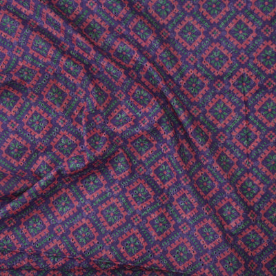 ( Width 44 Inches ) Pure  Cotton Hakoba Purple With Pink And Teal Green Jaal Hand Block Print Fabric