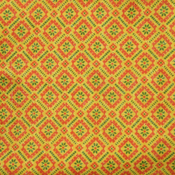 (PRE-CUT 1.20 METER) ( Width 44 Inches ) Pure Cotton Hakoba Yellow With Orange And Green Jaal Hand Block Print Fabric
