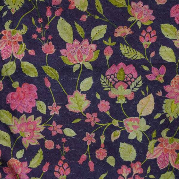 Pre-Cut 0.90 Meter ( Width 44 Inches ) Pure Cotton Hakoba Dark Purple With Pink Lotus  Flower Jaal  Hand Block Print Fabric