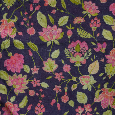 ( Width 44 Inches ) Pure Cotton Hakoba Dark Purple With Pink Lotus  Flower Jaal  Hand Block Print Fabric