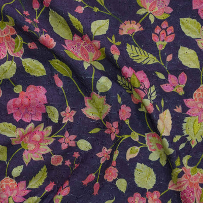 ( Width 44 Inches ) Pure Cotton Hakoba Dark Purple With Pink Lotus  Flower Jaal  Hand Block Print Fabric