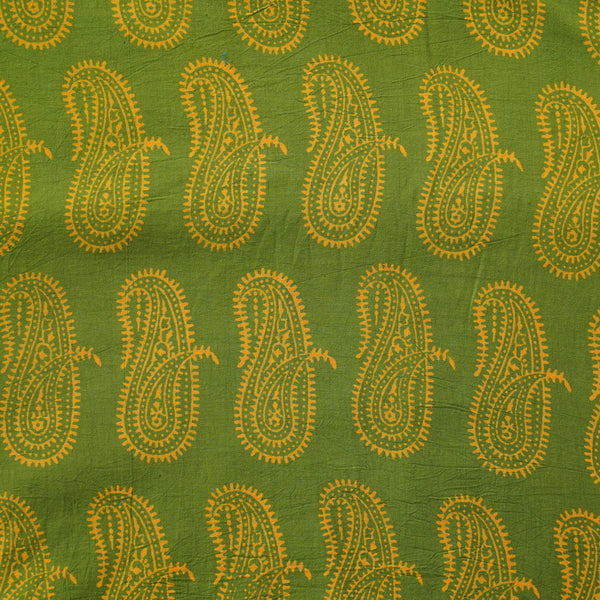 Pure Cotton Gamthi Green With Yellow Kairi Motif  Hand Block Print Fabric