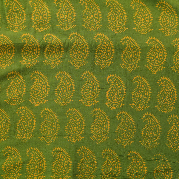 Pure Cotton Gamthi Green With Yellow Kairi Motif Hand Block Print Fabric