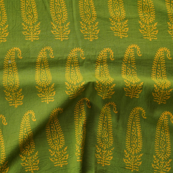 Pure Cotton Gamthi Green With Yellow Big  Kairi Motif  Hand Block Print Fabric