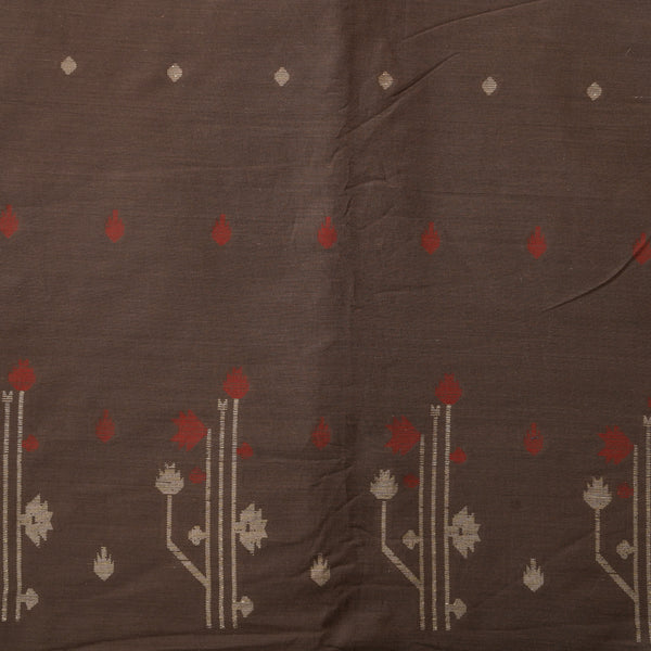 (PRE-CUT 1.45 METER) Pure Cotton Jamdani Brown with Border Design And Motif woven Fabric