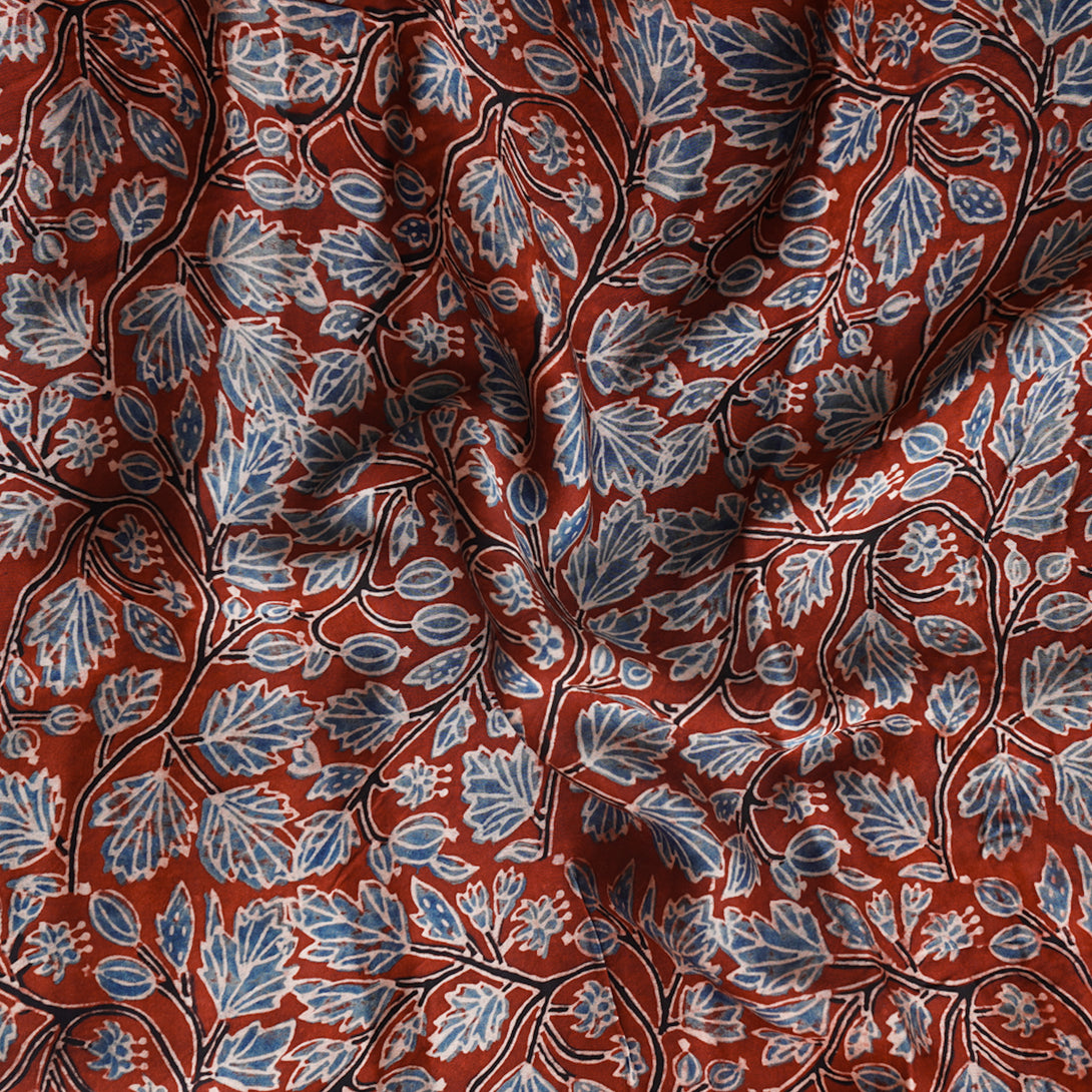 Rist Rod Modal Silk Rust Red With Black And Blue Leaf Creeper Fabric – Sanskruti