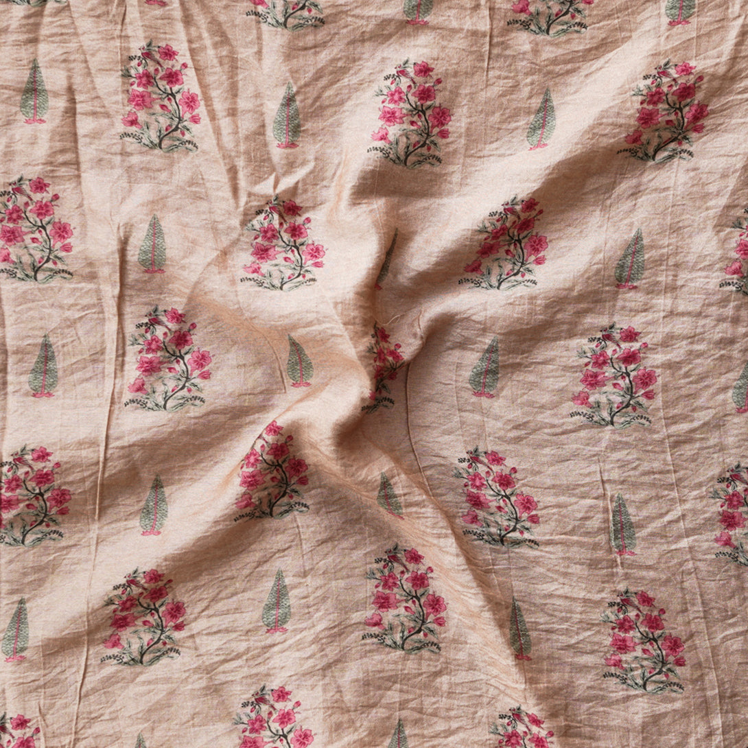 Mogra Chanderi Chiku With Pink Plant Motif Printed Fabric – Sanskruti
