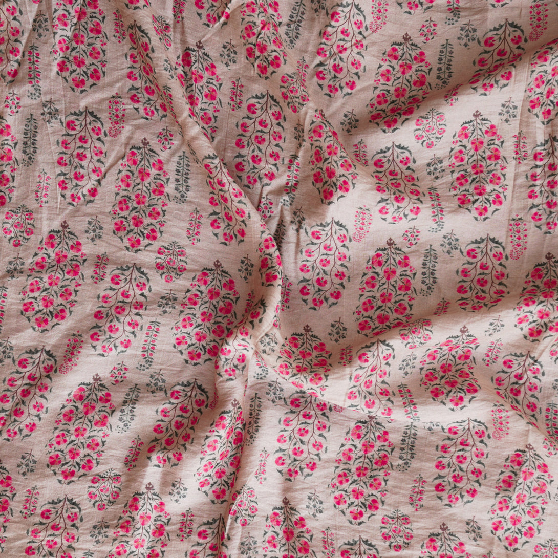 Mogra Chanderi Chiku With Pink Flower Motif Printed Fabric – Sanskruti