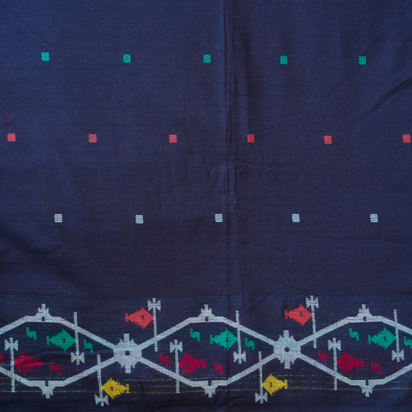 (PRE-CUT 1.70 METER) Pure Cotton Jamdani Dark blue with Multi colour Border Design And Motif woven Fabric