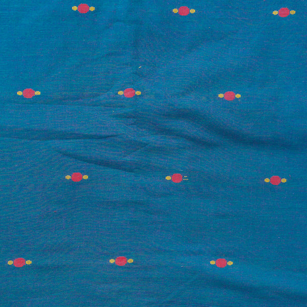 (PRE-CUT 1.40 METER) Pure Cotton Handloom Blue With Red Motif Woven Fabric