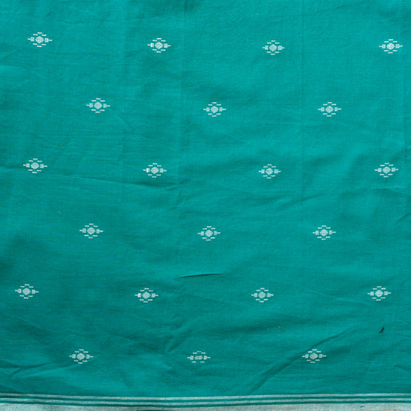 Pure Cotton Handloom  dark cyan With White Motif  Woven Fabric