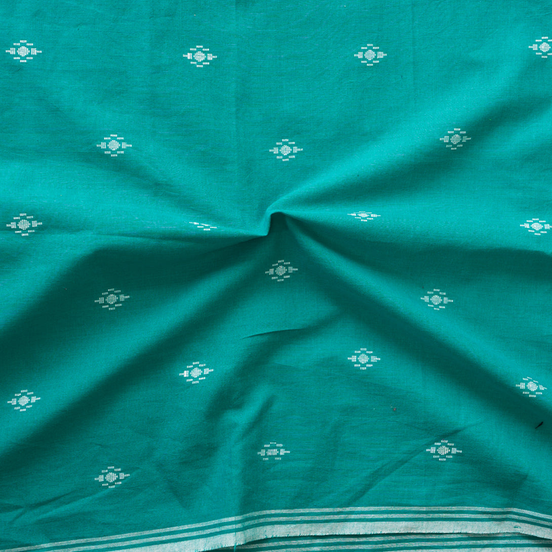 Pure Cotton Handloom dark cyan With White Motif Woven Fabric – Sanskruti