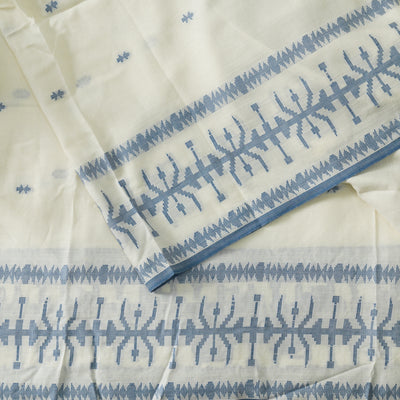 Pure Mul Cotton Soft Jamdani Cream With Blue Border And Blue Small Arrow Weaves Handwoven Fabric