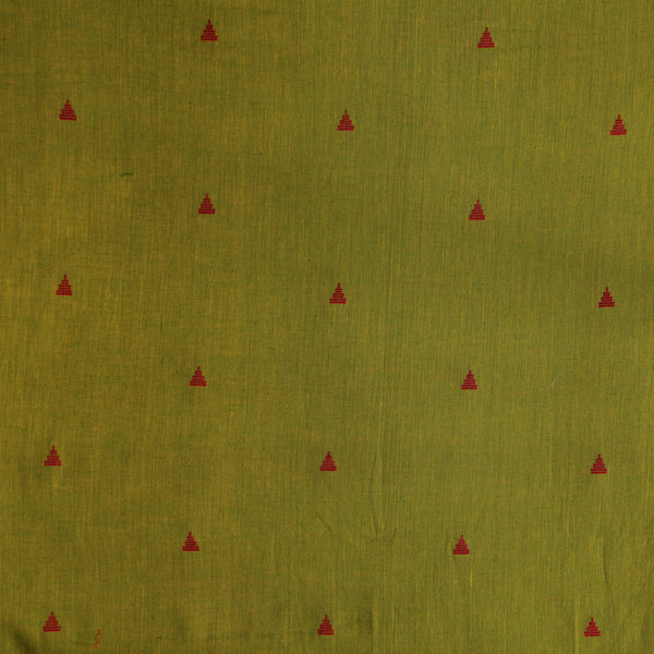 Pure South Cotton Green With Red Triangle Handwoven Motifs Fabric