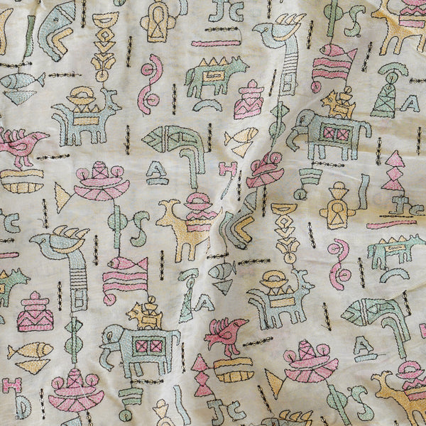 Tissue Cream With Blue And Pink  Embroided Thread Work Fabric