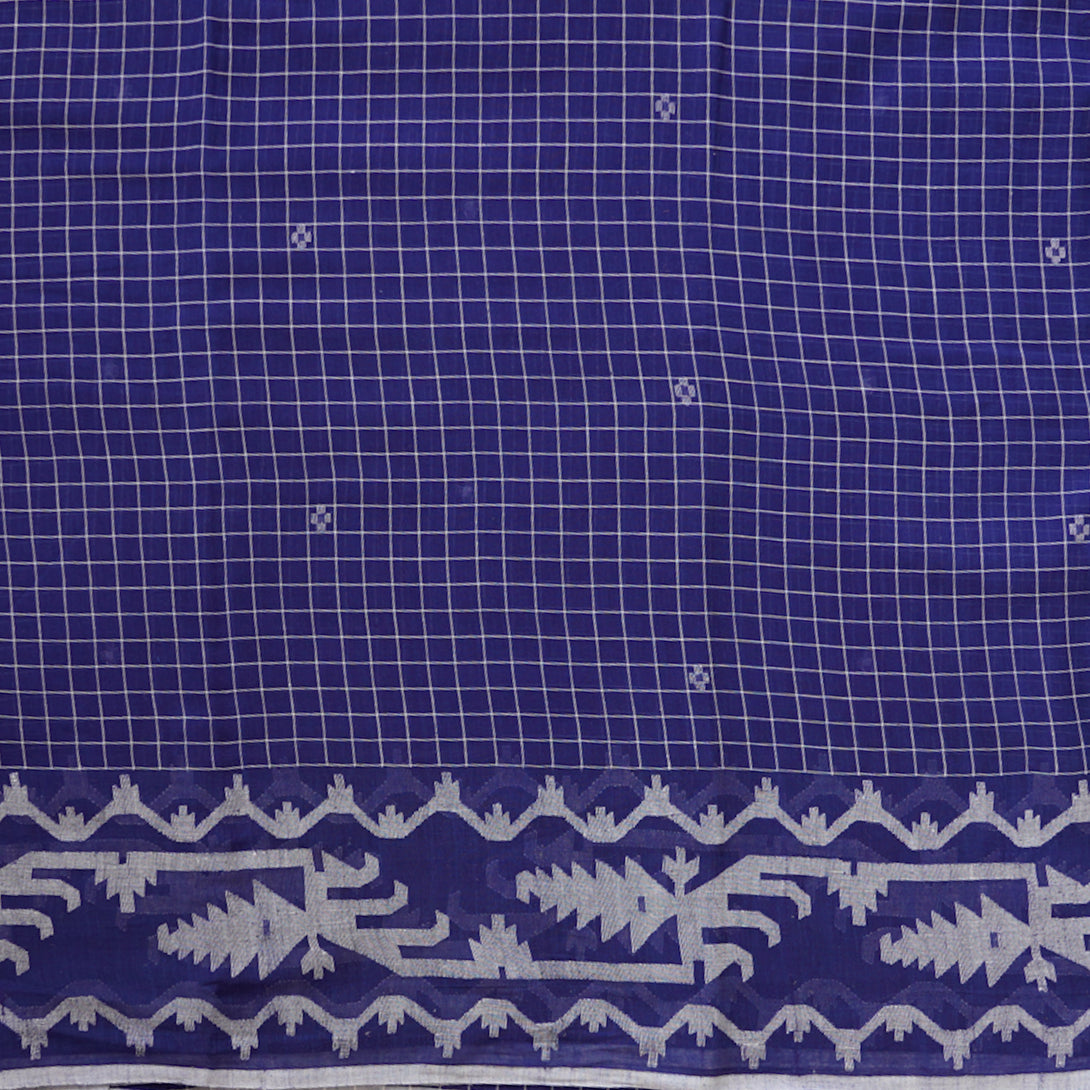 Mul Jamdani Blue With White Checks And Motif Border Design Woven Fabri ...