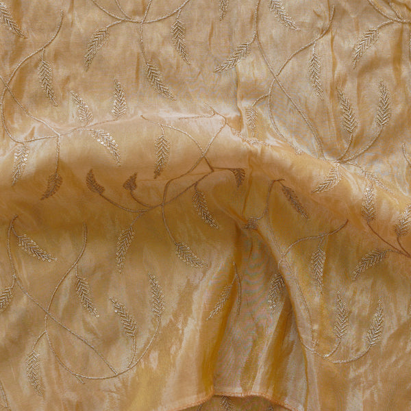 Tissue Golden With Leaves Jaal Embroided Fabric