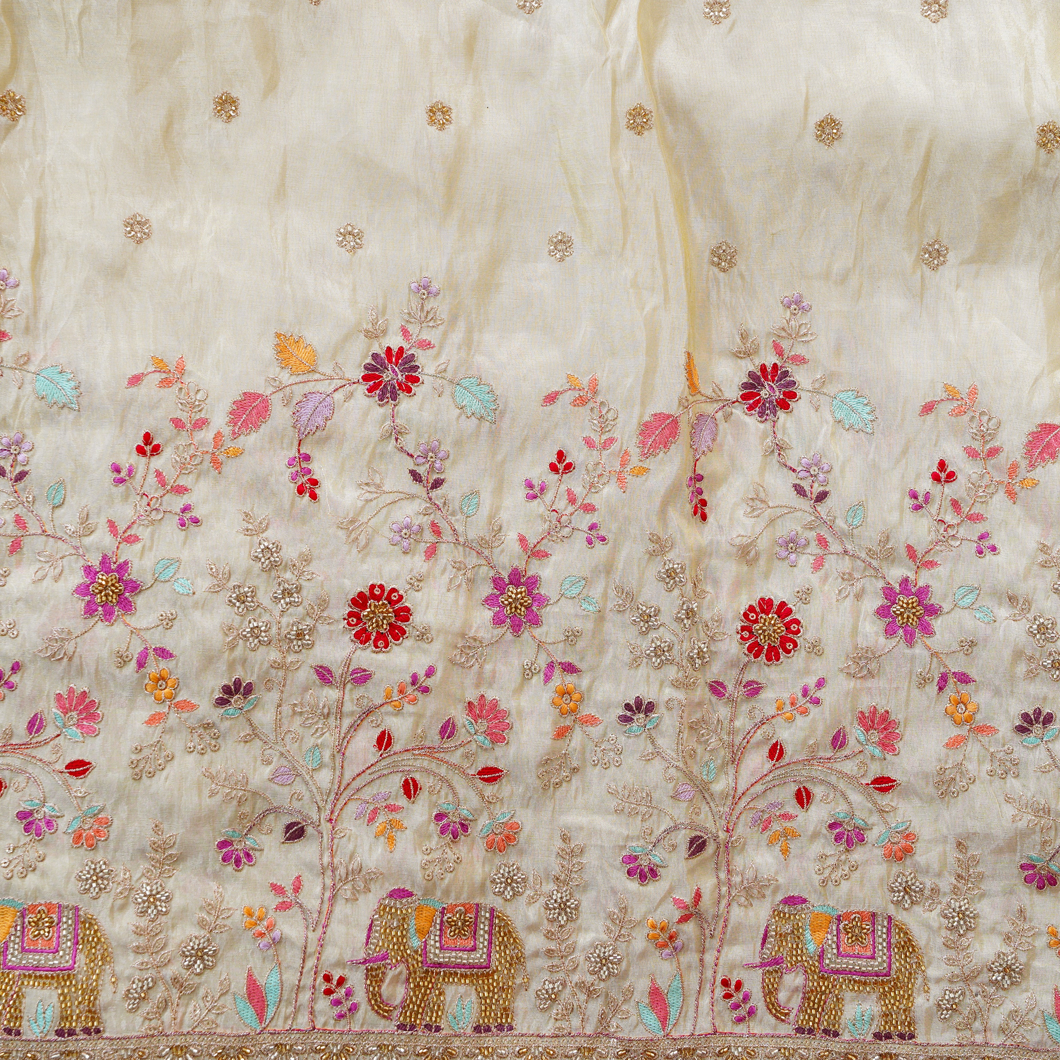 Tissue Cream With Flower Jaal And Elephant Embroided Fabric – Sanskruti