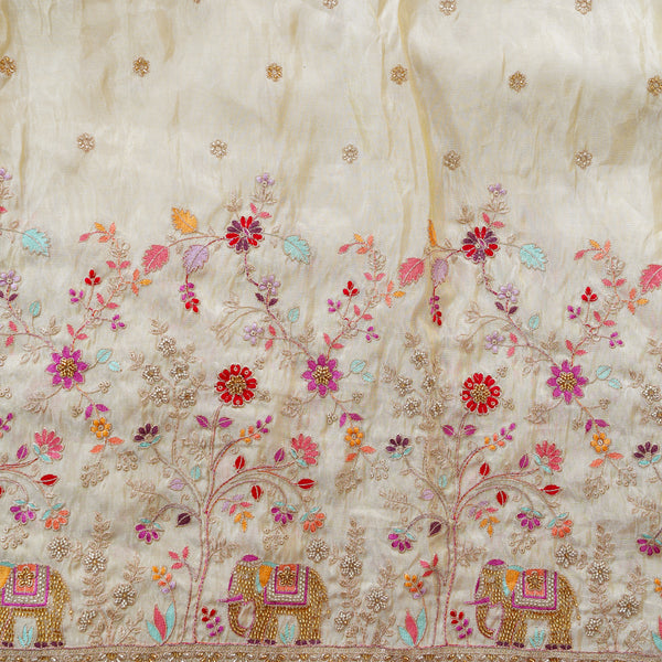 Tissue Cream With Flower Jaal And Elephant Embroided Fabric