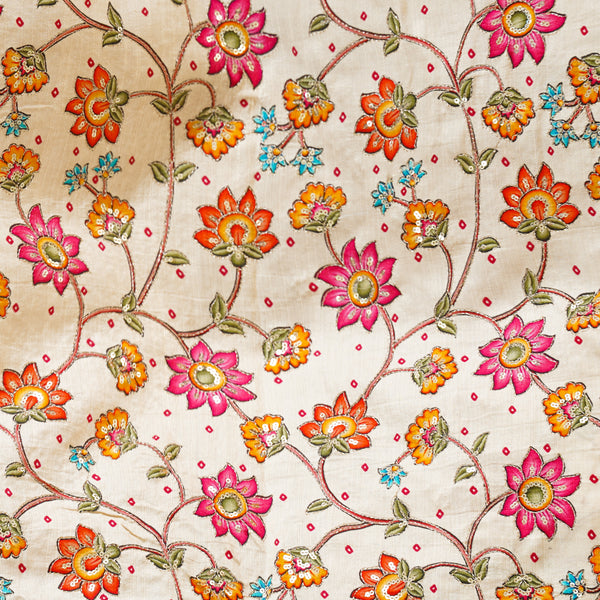 Soft Cotton Silk  Cream With Flower Jaal Kalamkari Embroided Print  Fabric