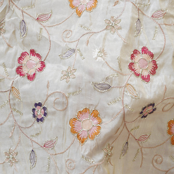 Tissue Cream With Embroided Flower Jaal And Aari Work Fabric