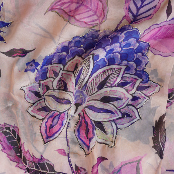 Organza Peach With Blue Big Floral Design  Aari Work Fabric