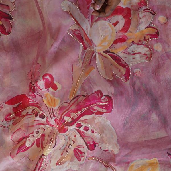 Organza Light Purple With Big Floral Design  Aari Work Fabric