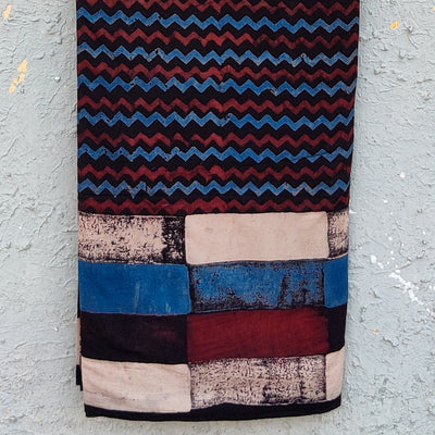 Daman Ajrak Pure Cotton Black Blue And Red Rust Zig-Zag And Different Patches  Bricks Border Hand Block Print Fabric