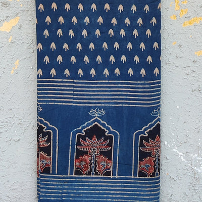 Daman Ajrak Pure Cotton Blue With  Rust Moo Intricate Design Border Hand Block Print Fabric